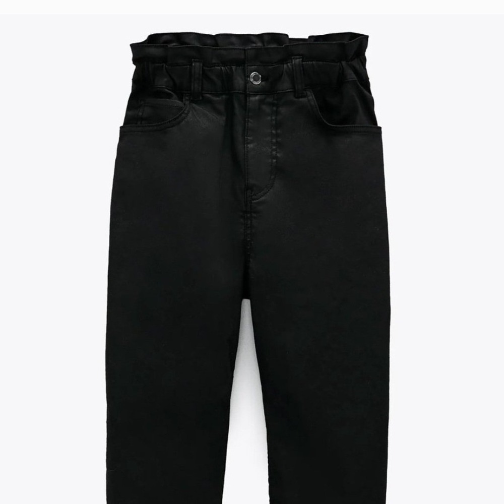 ZARA Black‎ High Waisted Paperbag Waist Wax Coated Pants Size US 8 - Picture 3 of 11